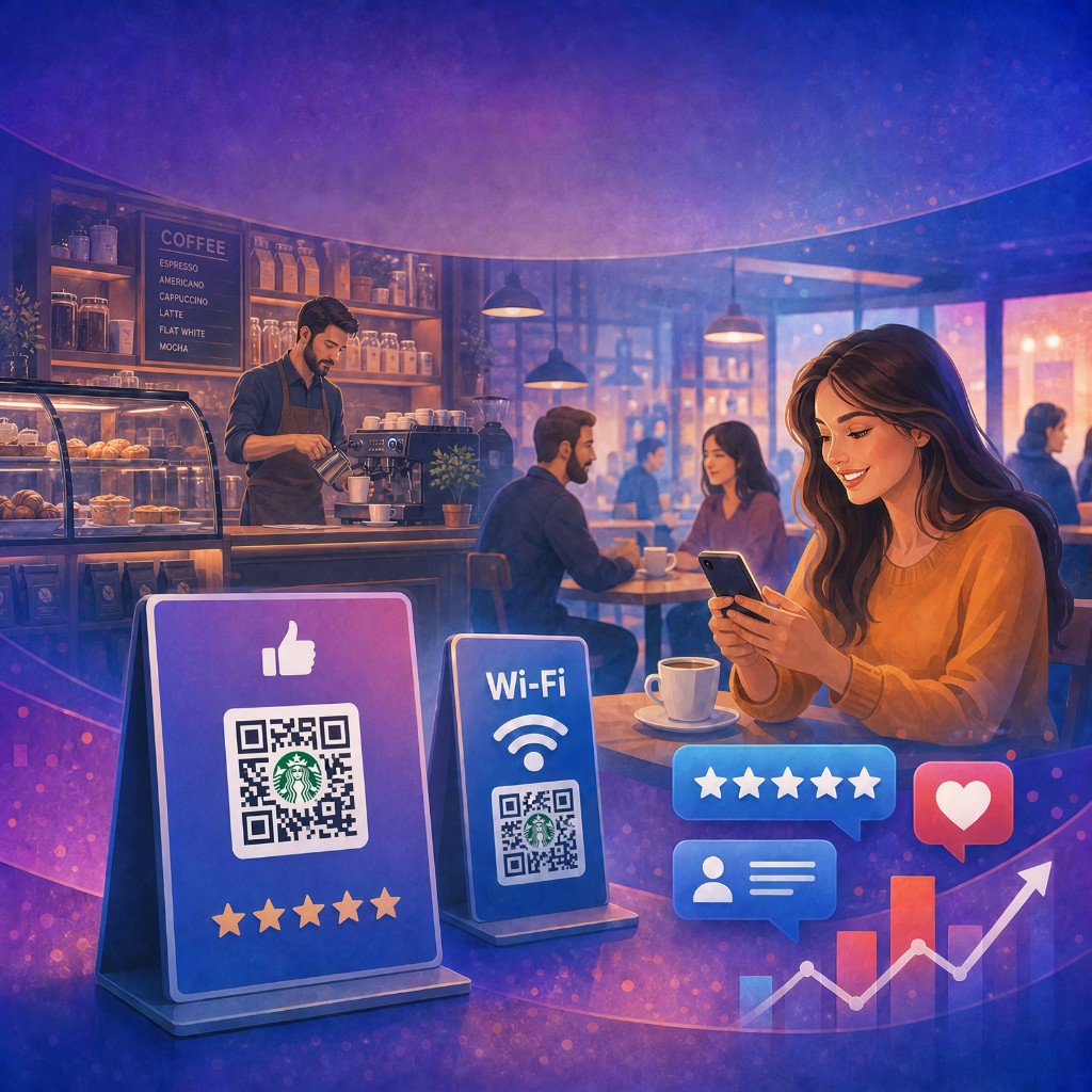 Гостья в кафе сканирует QR-код на столике для отзыва и подключения к Wi-Fi